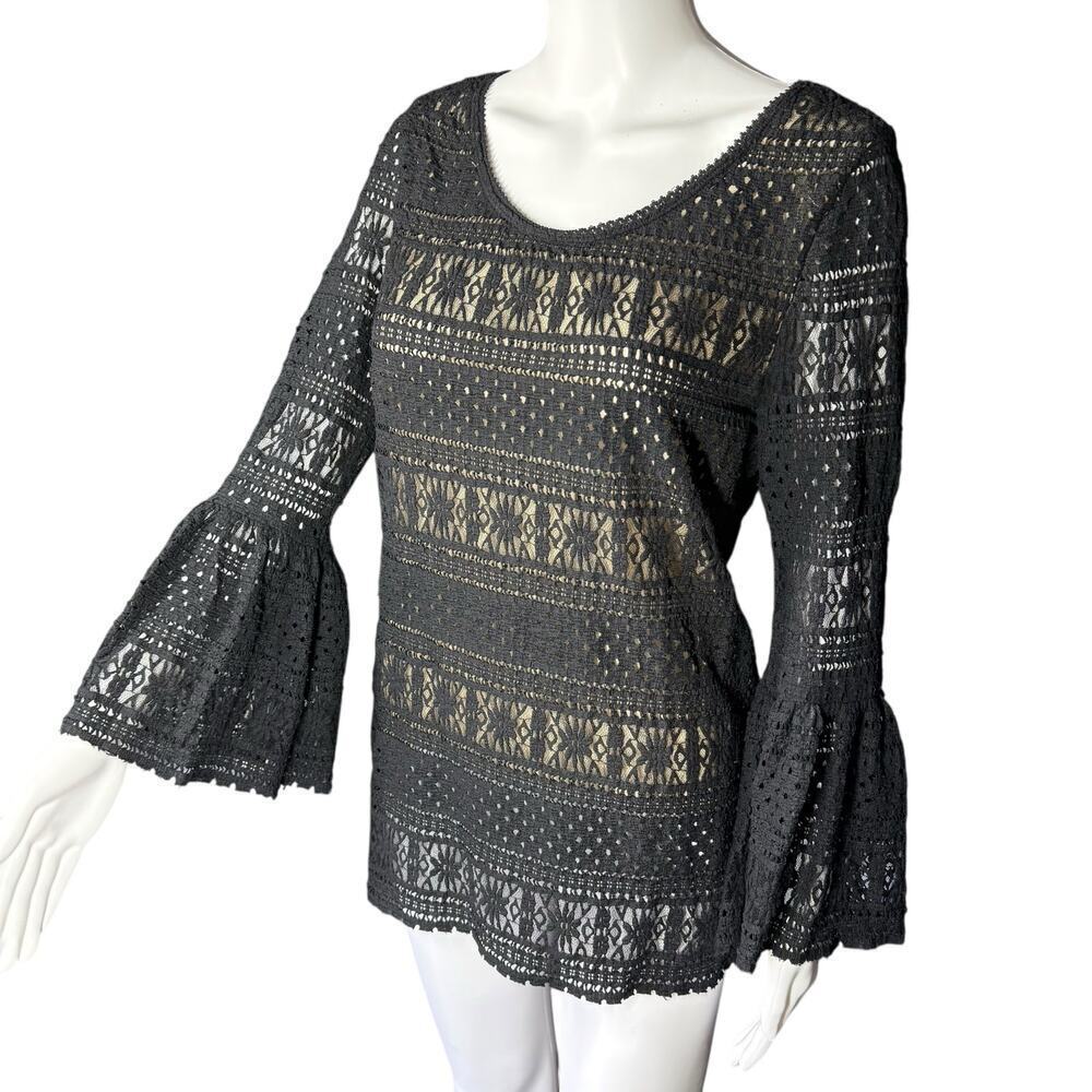 Max Studio y2k black lace flounce sleeve witchy top medium